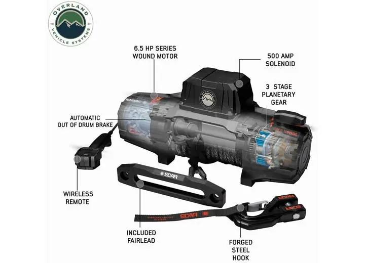 Overland Vehicle Systems - 12,000 LB SCAR Wireless Remote Control Winch with Heavy - Duty Steel Cable