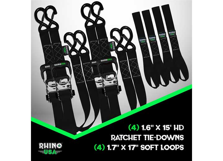 15FT Heavy-Duty Black Ratchet Tie-Down Straps (4-Pack) - 1.6IN Width