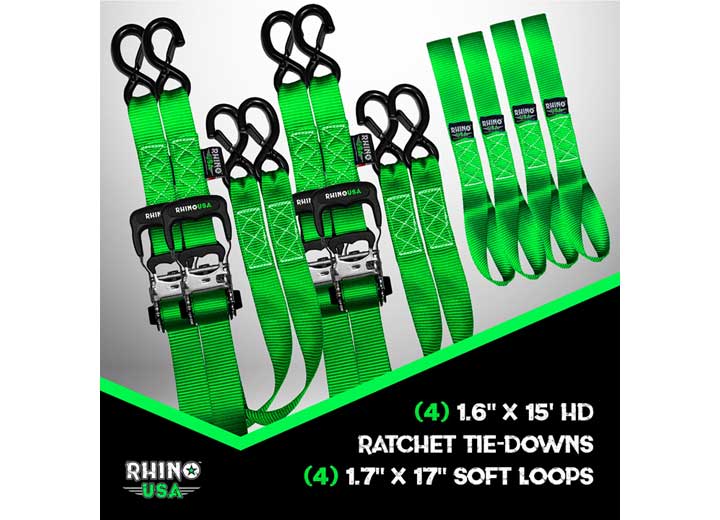 15FT Heavy Duty Green Ratchet Tie-Downs - 4-Pack for Secure Cargo Transport