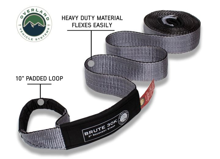 Heavy-Duty 30,000 LB Towing Strap - 3" x 30' Gray with Black Ends & Storage Bag