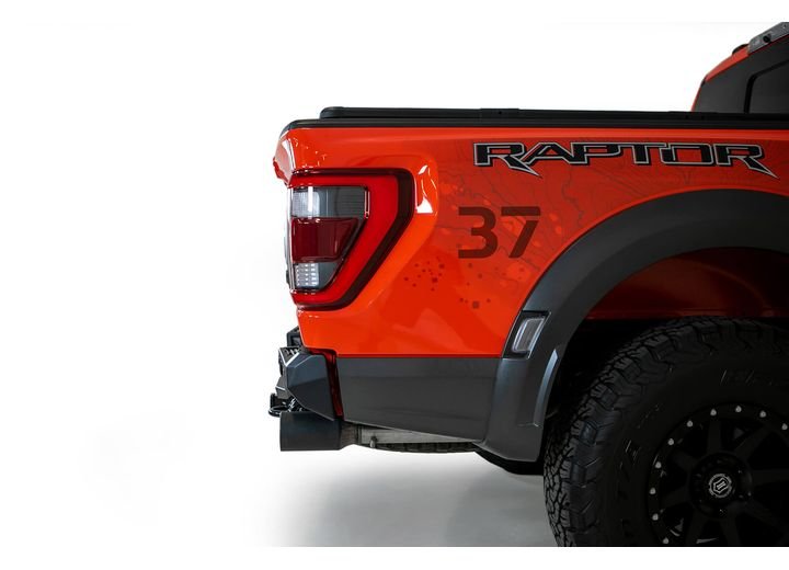 21-C F150 RAPTOR BOMBER REAR BUMPER BLACK (MOUNTS FOR 2 CUBE LIGHTS) SENSOR CUTOUTS