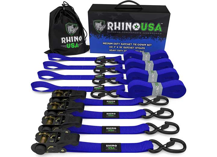 4-Pack Heavy-Duty 1"x15' Ratchet Tie-Down Straps - Blue