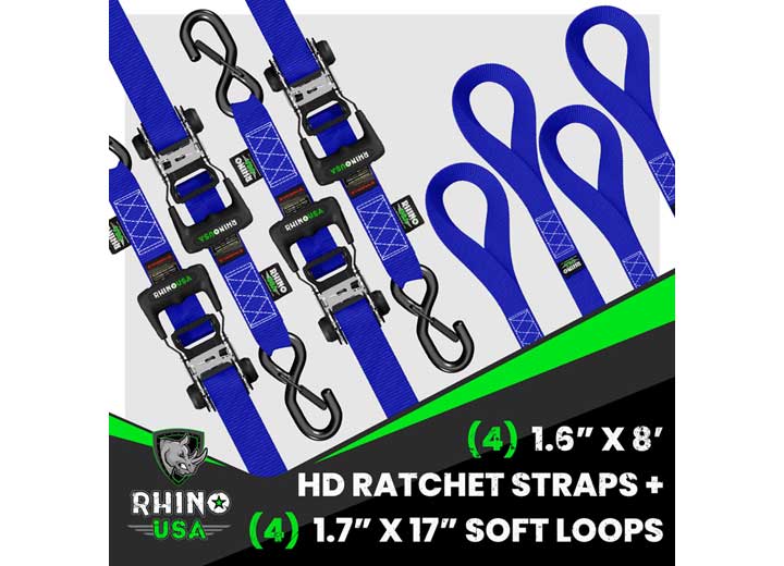 Rhino USA - 8FT Heavy Duty Blue Ratchet Tie - Downs (Set of 4)