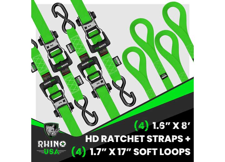 8FT Heavy Duty Green Ratchet Tie-Downs (4-Pack) - 1.6IN Width