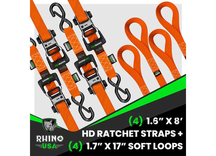Rhino USA - 8FT Heavy - Duty Orange Ratchet Tie - Down Straps (4 - Pack)