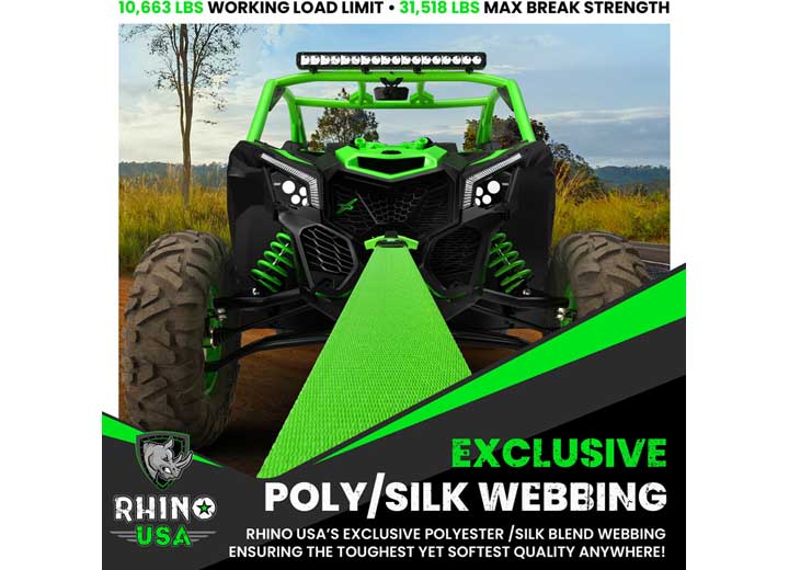 Heavy-Duty Green Recovery Tow Strap - 3" x 20' for Ultimate Vehicle Support Rhino USA