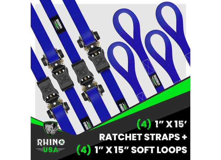 4-Pack Heavy-Duty 1"x15' Ratchet Tie-Down Straps - Blue