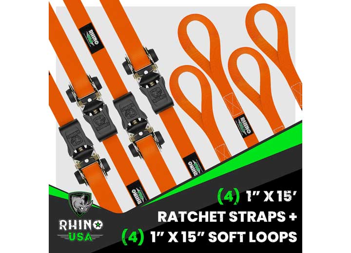 Heavy-Duty Orange Ratchet Strap Tie-Downs - 1 Inch x 15 Feet (Set of 4) Rhino USA