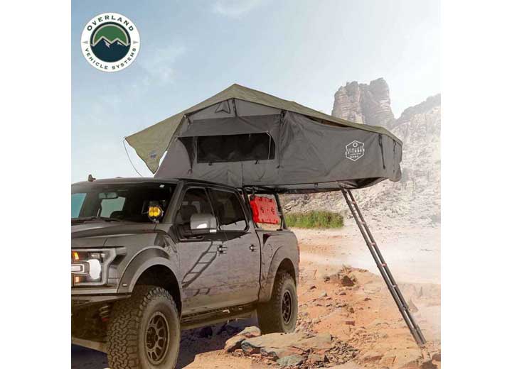 N2E NOMADIC 2 Extended Rooftop Tent with Green Rainfly and Gray Body