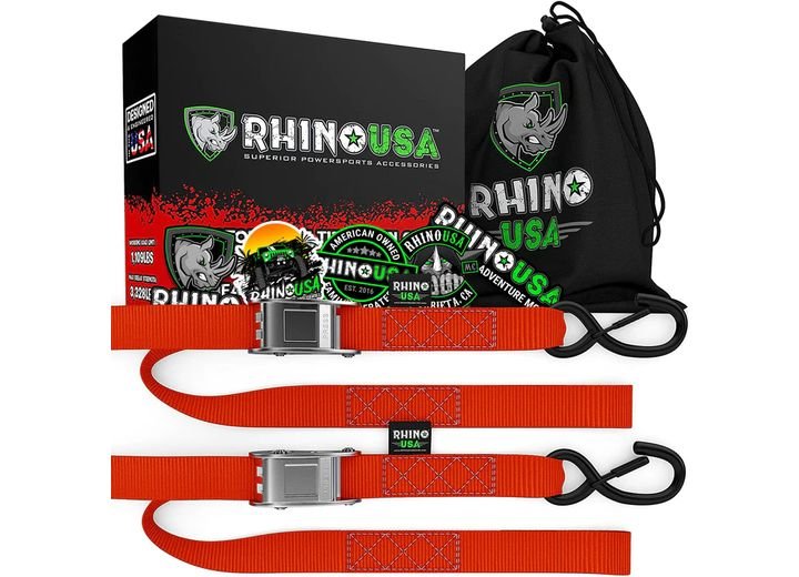 Rhino USA - Durable 1.5IN x 8FT Red Cambuckle Tie - Down Straps - 2 - Pack for Secure Cargo Transport