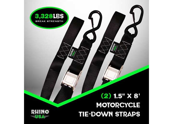 Rhino USA - Heavy - Duty 1.5 - Inch x 8 - Foot Cambuckle Motorcycle Tie - Down Straps (Set of 2) - Bright Orange
