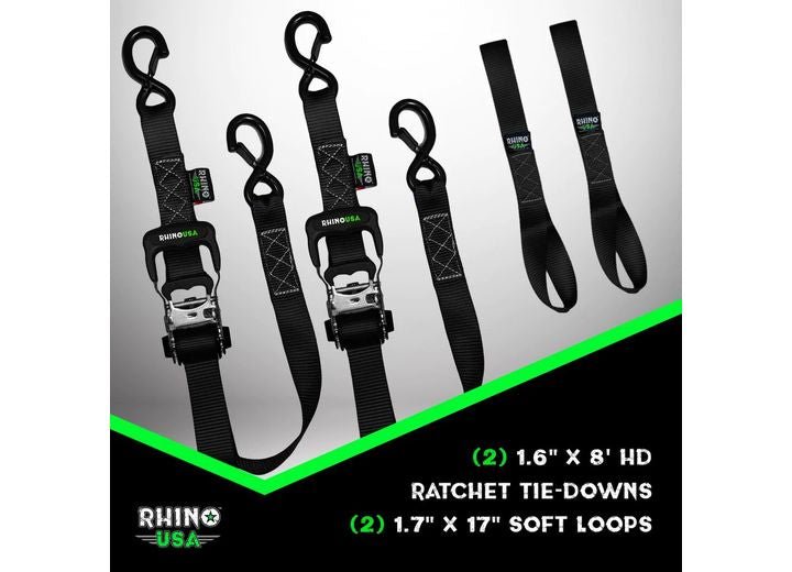 Rhino USA - Heavy - Duty 1.6IN x 8FT Ratchet Tie - Downs - Blue 2 - Pack