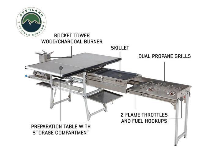 KOMODO CAMP KITCHEN - DUAL GRILL, SKILLET, FOLDING SHELVES, AND ROCKET TOWER -
