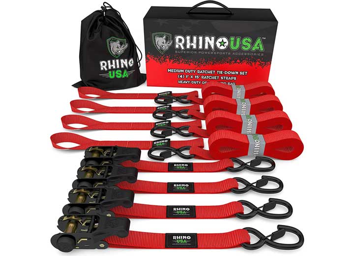 Red Medium Duty Ratchet Straps - 1in x 15ft (Set of 4) for Secure Cargo Transport