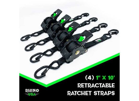 Rhino USA Premium 1" x 10' Retractable Ratchet Straps (4-Pack) - Red – Ultimate Cargo Control for Outdoor Adventures and Professional Applications