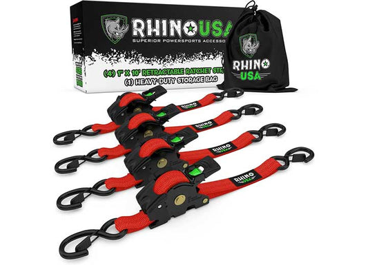 Rhino USA Premium 1" x 10' Retractable Ratchet Straps (4-Pack) - Red – Ultimate Cargo Control for Outdoor Adventures and Professional Applications