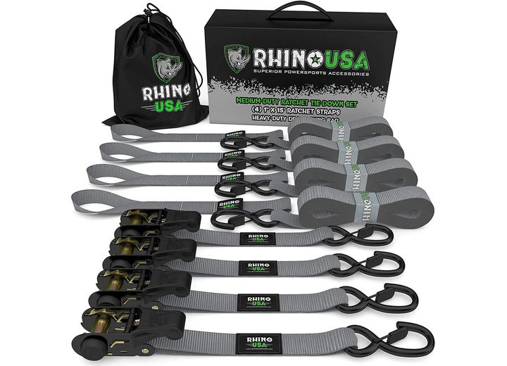 15FT Heavy-Duty Gray Ratchet Tie-Down Set (4-Pack) Rhino USA