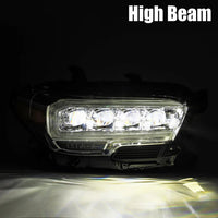 Close-up of AlphaRex NOVA-Series LED Projector Headlights - Mid-Night Black turned on, emitting bright white light in a dark environment. The words "High Beam" are displayed in bold white letters at the top right corner of the image. This product is by AlphaRex USA and is compatible with the 2016-2023 Toyota Tacoma (SKU: 880705).