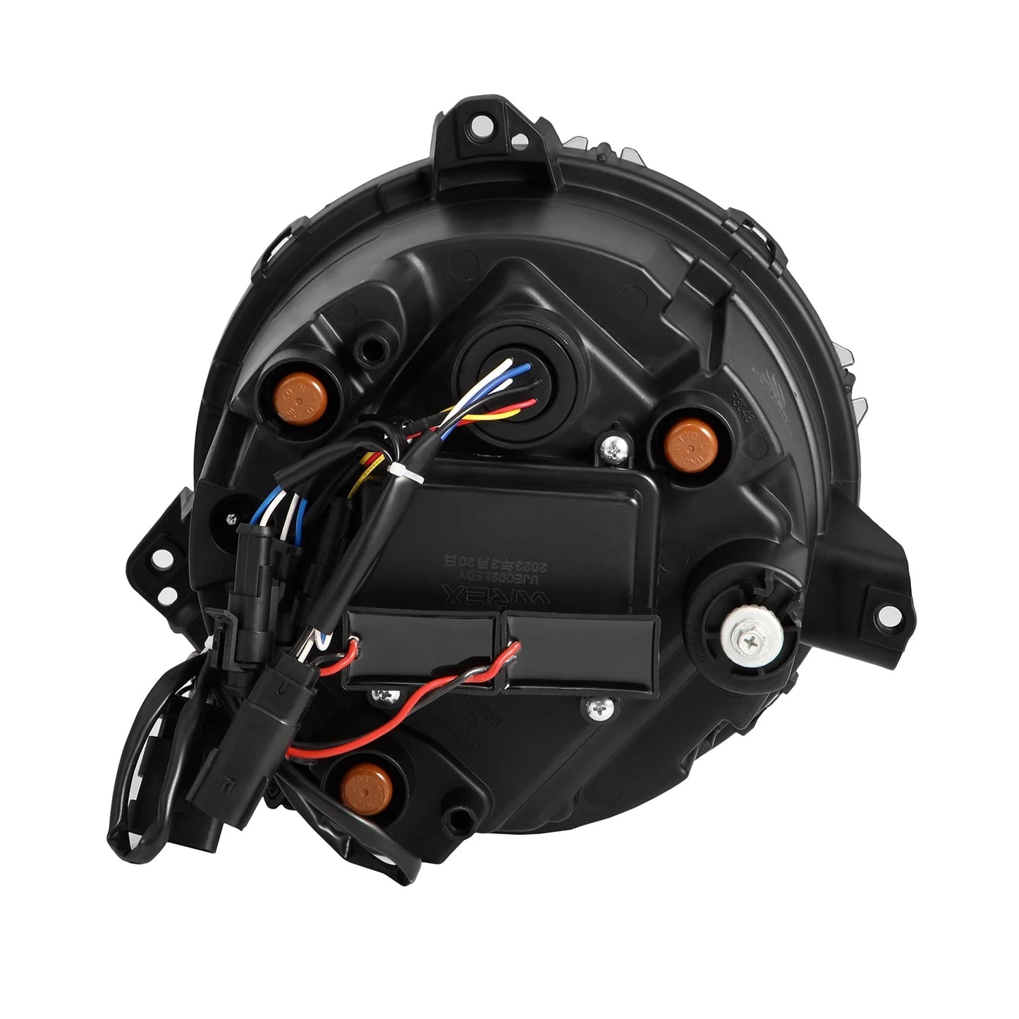 The AlphaRex USA NOVA-Series LED Projector Headlights in black, designed for the 2018-2023 Jeep Wrangler JL and Gladiator JT (SKU: 880868), feature a circular headlight assembly encased in black, with multiple colored wires and connectors extending from one side. The assembly includes various electronic components and multiple screw points for mounting.