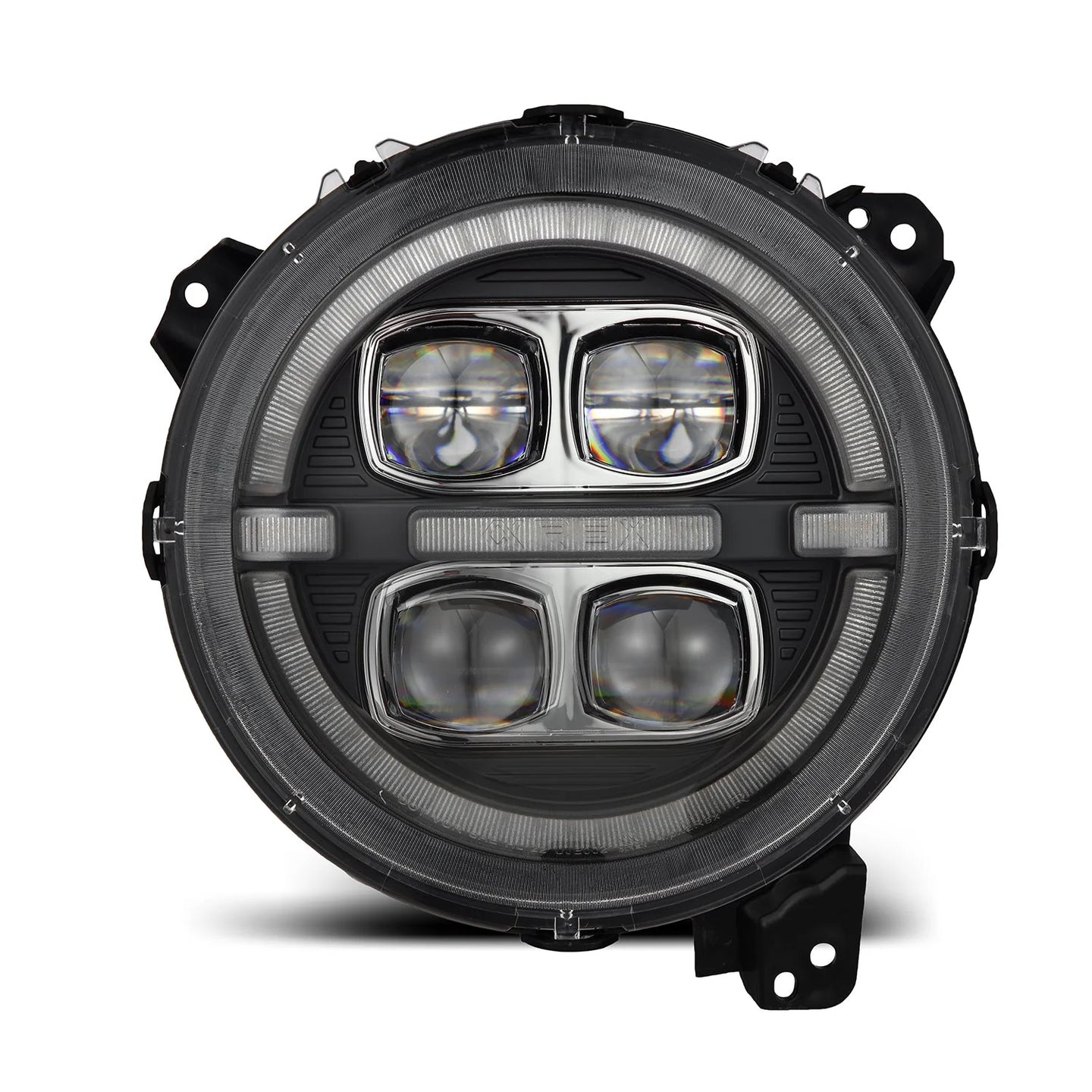 The AlphaRex USA AlphaRex NOVA-Series LED Projector Headlights (SKU: 880868) for the 2018-2023 Jeep Wrangler JL and Gladiator JT feature a round design with a clear lens and black housing, showcasing four distinct rectangular light modules arranged in a square pattern. Additionally, these headlights come equipped with convenient side mounting brackets.