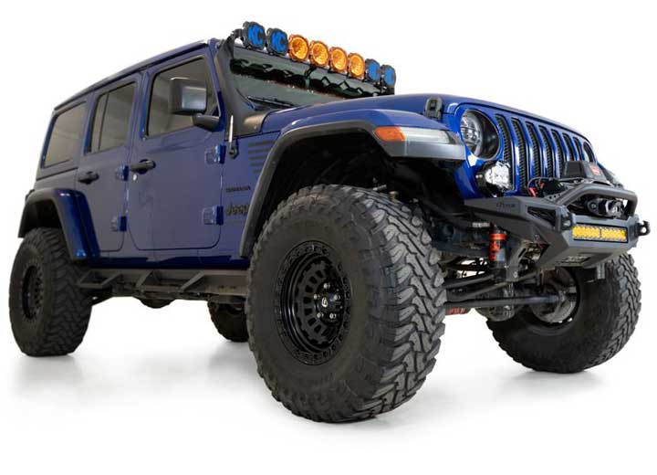18-C WRANGLER ROCK FIGHTER FRONT BUMPER W/ MOUNTS FOR 5 CUBE LIGHTS OR 20IN UNIVERSAL LIGHT BAR BLK