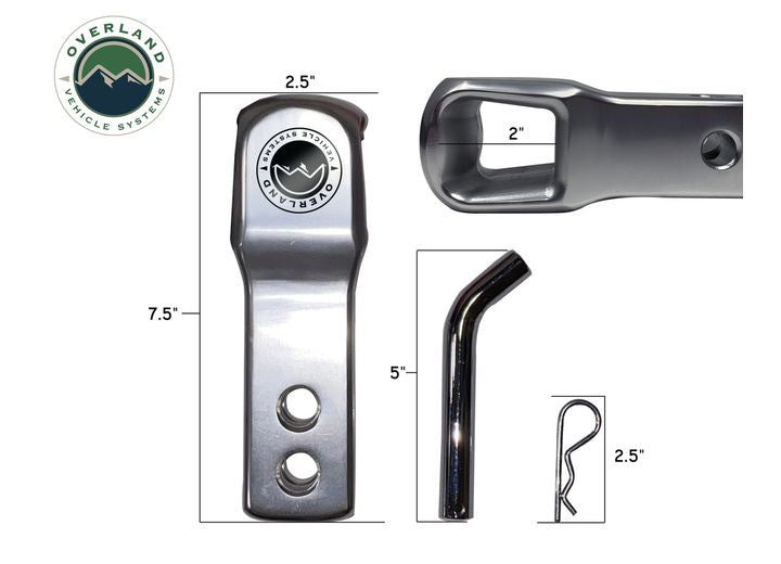 Image of various vehicle hitch components from Overland Vehicle Systems. Includes the ALUMINUM RECEIVER MOUNT FOR SOFT SHACKLE with a 2.5" opening and "Overland Vehicle Systems" logo, a 2" hitch receiver, an aluminum receiver mount for secure towing, a 5" hitch pin, and a soft shackle. Dimensions are clearly labeled.
