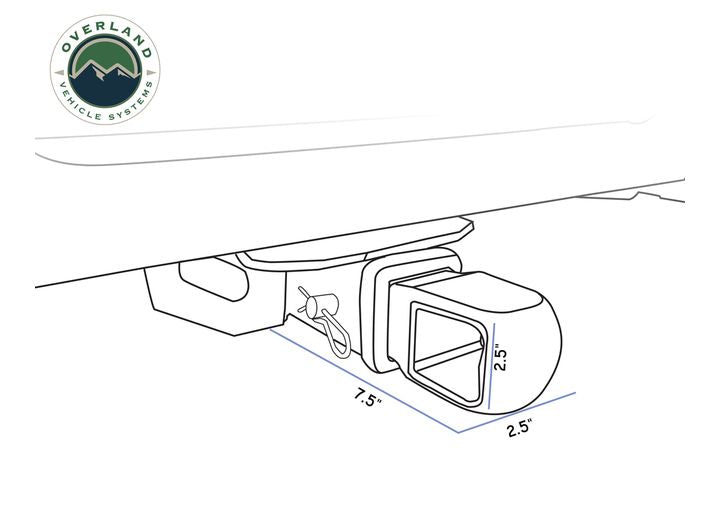 A technical line drawing of the Overland Vehicle Systems Aluminum Receiver Mount for Soft Shackle, measuring 7.5 inches in width and 2.5 inches in height, featuring a connecting pin and mounted to a vehicle. The Overland Vehicle Systems logo is displayed in the upper left corner, ensuring secure towing.