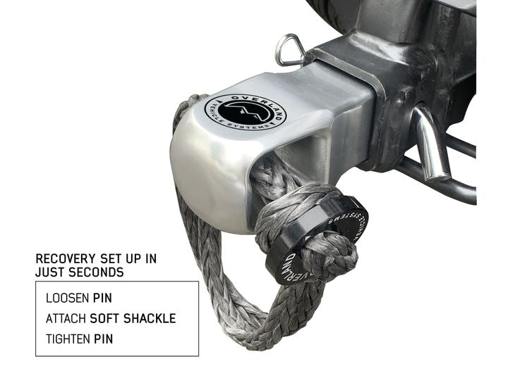 A close-up image displaying an Overland Vehicle Systems Aluminum Receiver Mount for Soft Shackle with a soft shackle looped through it. Text reads: "RECOVERY SET UP IN JUST SECONDS. Loosen Pin, Attach Soft Shackle, Tighten Pin.