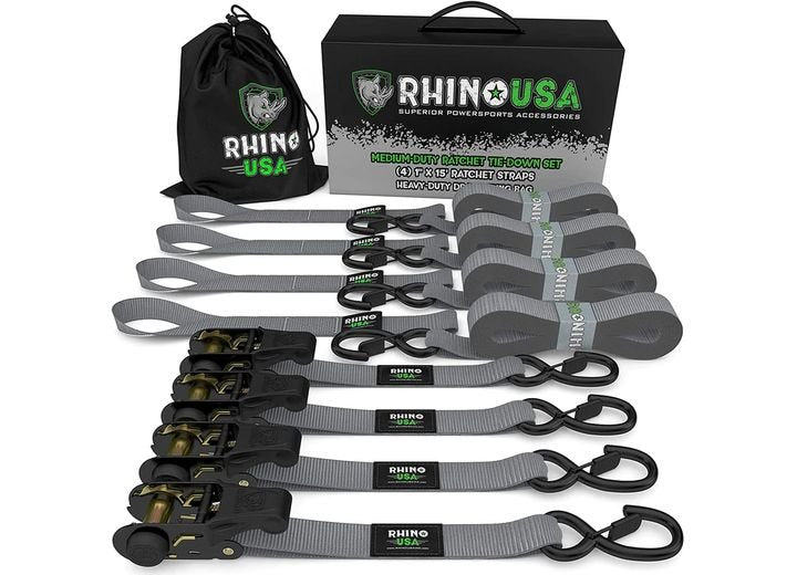 15FT Heavy-Duty Gray Ratchet Tie-Down Set (4-Pack)