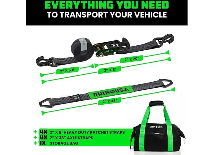 Heavy-Duty 2-Inch x 8-Foot Green Vehicle Tie-Down Kit with J-Hooks