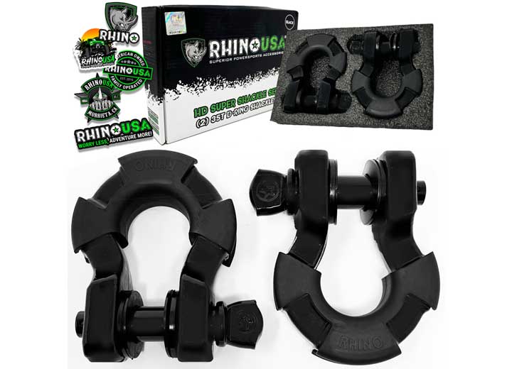 Rhino USA - 8 TON SUPER SHACKLE W/ISOLATORS (2 - PACK) MATTE BLACK