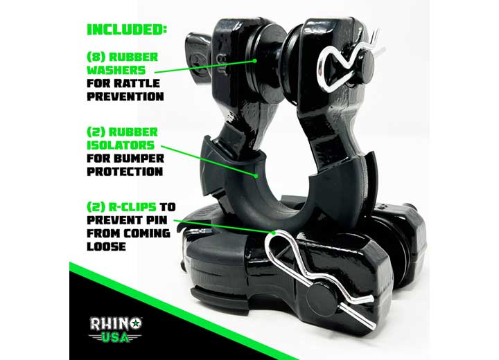 Rhino USA - 8 TON SUPER SHACKLE W/ISOLATORS (2 - PACK) MATTE BLACK