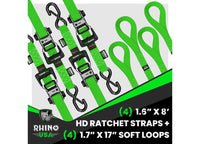 8FT Heavy Duty Green Ratchet Tie-Downs (4-Pack) - 1.6IN Width