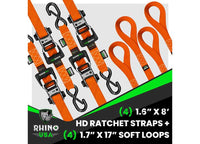 Rhino USA - 8FT Heavy - Duty Orange Ratchet Tie - Down Straps (4 - Pack)