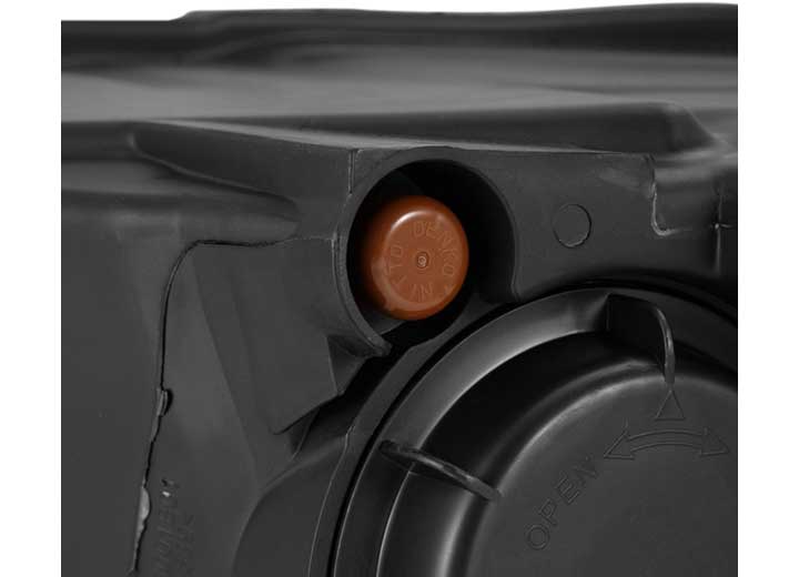 Close-up image of the 09-18 RAM 2500 LED Projector Headlights with ACTIV Light, Sequential Signal, and DRL Alpha by AlphaRex USA. The black plastic container features an orange button and a round, grooved cover with the word "OPEN" displayed alongside an arrow indicating the rotation direction.