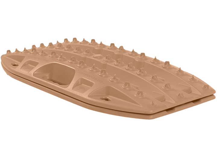 The MAXTRAX MINI PAIR DESERT TAN RECOVERY BOARDS by MAXTRAX feature a curved design with multiple protruding knobs on the surface. These tan-colored boards include a handle area for easy carrying and are specially designed for off-road traction recovery scenarios.