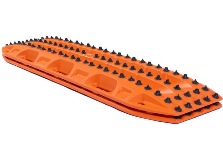 The MAXTRAX XTREME SIGNATURE ORANGE RECOVERY BOARDS by MAXTRAX are a pair of bright orange recovery boards crafted from durable material. They feature raised, rugged surfaces with black spikes for enhanced grip, and slots for easy handling and attachment. These boards provide traction in off-road environments such as sand, mud, or snow.