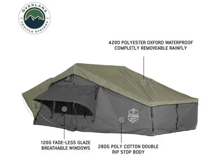 Overland Vehicle Systems / Up Down Air - N2E NOMADIC 2 Extended Rooftop Tent with Green Rainfly and Gray Body