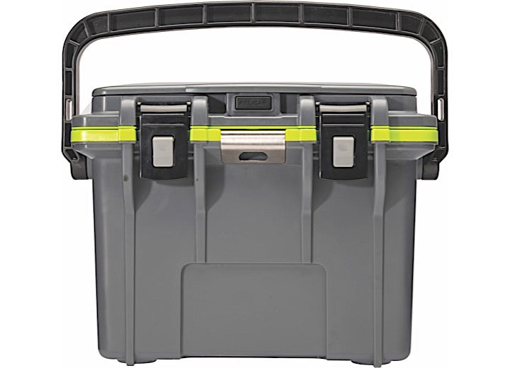 The Pelican IM 14QT Elite Cooler in dark gray and evergreen boasts two black and lime green latches on the front, a sturdy black carrying handle, and a slightly textured surface. Designed for outdoor enthusiasts, this functional cooler is ideal for storing and transporting items while offering durable insulation.