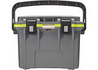 The Pelican IM 14QT Elite Cooler in dark gray and evergreen boasts two black and lime green latches on the front, a sturdy black carrying handle, and a slightly textured surface. Designed for outdoor enthusiasts, this functional cooler is ideal for storing and transporting items while offering durable insulation.