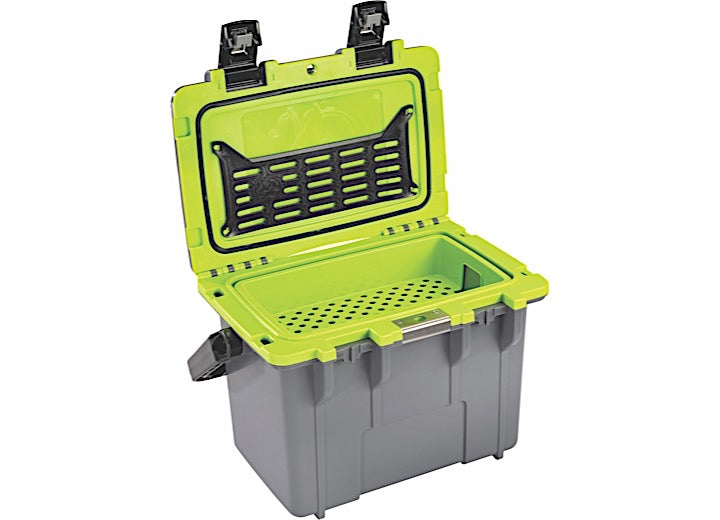 Introducing the IM 14QT Elite Cooler by Pelican, featuring a dark gray base and an evergreen lid, perfect for outdoor enthusiasts. The rugged design includes a durable plastic construction with optimal insulation to keep contents cool. The open lid reveals a grated inner basket attached for added organization. Secure closure is ensured with two visible black latches on the lid.