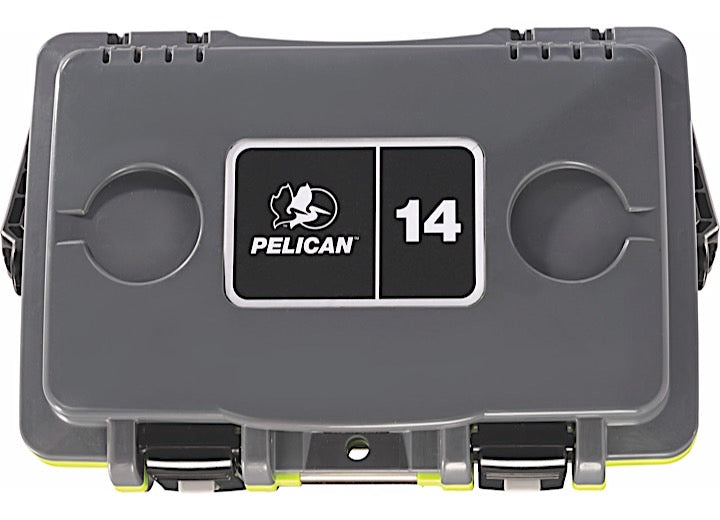 A top view of a closed Pelican IM 14QT Elite Cooler in dark gray and evergreen, featuring a black and white logo with the number 14 in white. Designed for outdoor enthusiasts, this durable Pelican cooler includes latches on the bottom and rounded indents on the lid, ensuring superior performance.