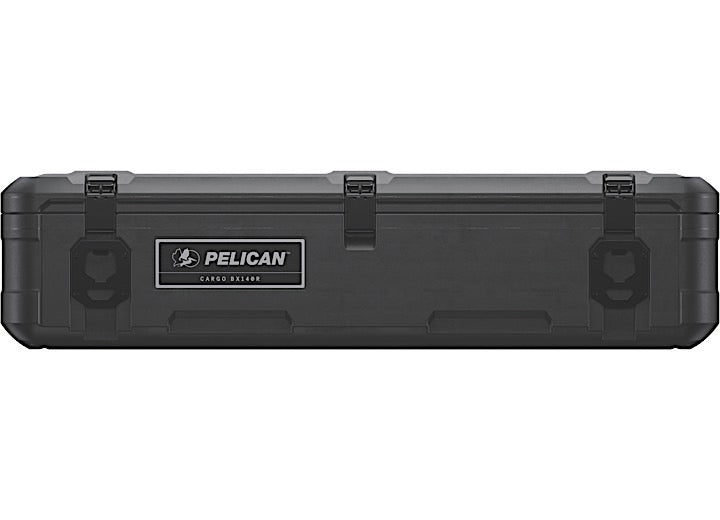 The Pelican Large 140L Cargo Case for Roof Storage, a durable black outdoor gear protector, features a rectangular shape with the Pelican logo and "Cargo BX140R" text on the front. It is equipped with two secure latches on either end, providing a sturdy and rugged design ideal for protective storage and transport during outdoor adventures.