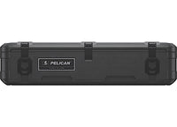 The Pelican Large 140L Cargo Case for Roof Storage, a durable black outdoor gear protector, features a rectangular shape with the Pelican logo and "Cargo BX140R" text on the front. It is equipped with two secure latches on either end, providing a sturdy and rugged design ideal for protective storage and transport during outdoor adventures.