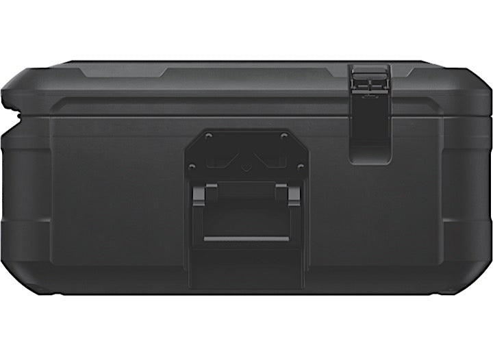 The Pelican Large 140L Cargo Case for Roof Storage is a durable black outdoor gear protector with a rectangular shape, sturdy handle, and latch on the upper side. Its rugged design is perfect for protective storage during outdoor adventures or transporting equipment.