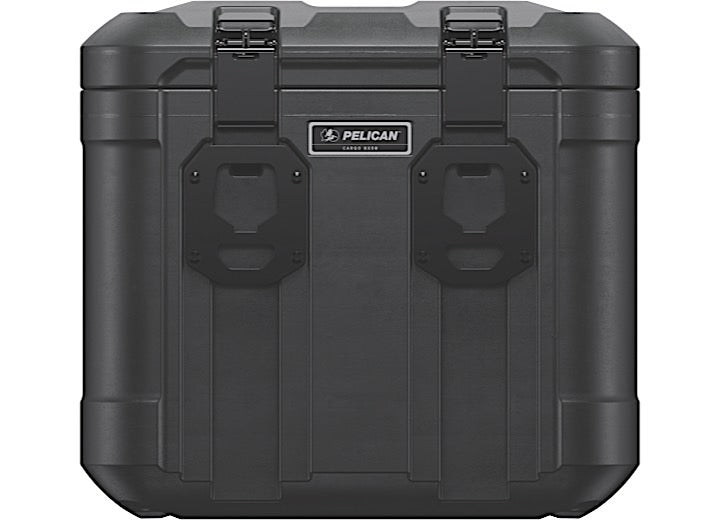 A Pelican 50L Cube Cargo Case in black, designed for outdoor adventures, is a durable and waterproof storage solution featuring sturdy latches and a rectangular shape. The branded logo on the front indicates it's specifically crafted to protect sensitive equipment.