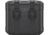 A Pelican 50L Cube Cargo Case in black, designed for outdoor adventures, is a durable and waterproof storage solution featuring sturdy latches and a rectangular shape. The branded logo on the front indicates it's specifically crafted to protect sensitive equipment.