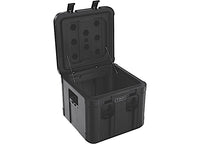 The Pelican 50L Cube Cargo Case in Black is a rugged storage container designed for outdoor adventures. With the lid open, it reveals a spacious, empty interior. The lid, featuring support rods and hexagonal patterns, ensures durability. Handles on each side provide easy carrying. This waterproof storage solution by Pelican is perfect for any journey.