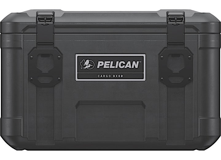 A durable black Pelican Cargo Case - Small Trunk with 80L capacity designed for travel and storage, featuring two heavy-duty latches on the front. The case bears the "PELICAN" logo with a pelican bird graphic and the text "CARGO BX80" below it. This weather-resistant case is ideal for securely transporting and storing equipment.