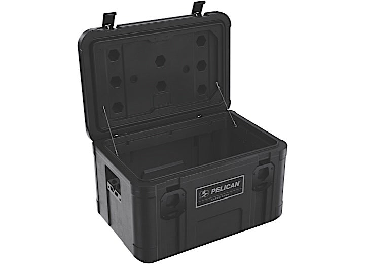 An open black Pelican Cargo Case - Small Trunk, 80L, with a hinged lid reveals an empty interior. The case boasts a rugged design with reinforced corners and secure latches on the front, offering durable protection for travel and storage. The weather-resistant Pelican logo is visible on the side.